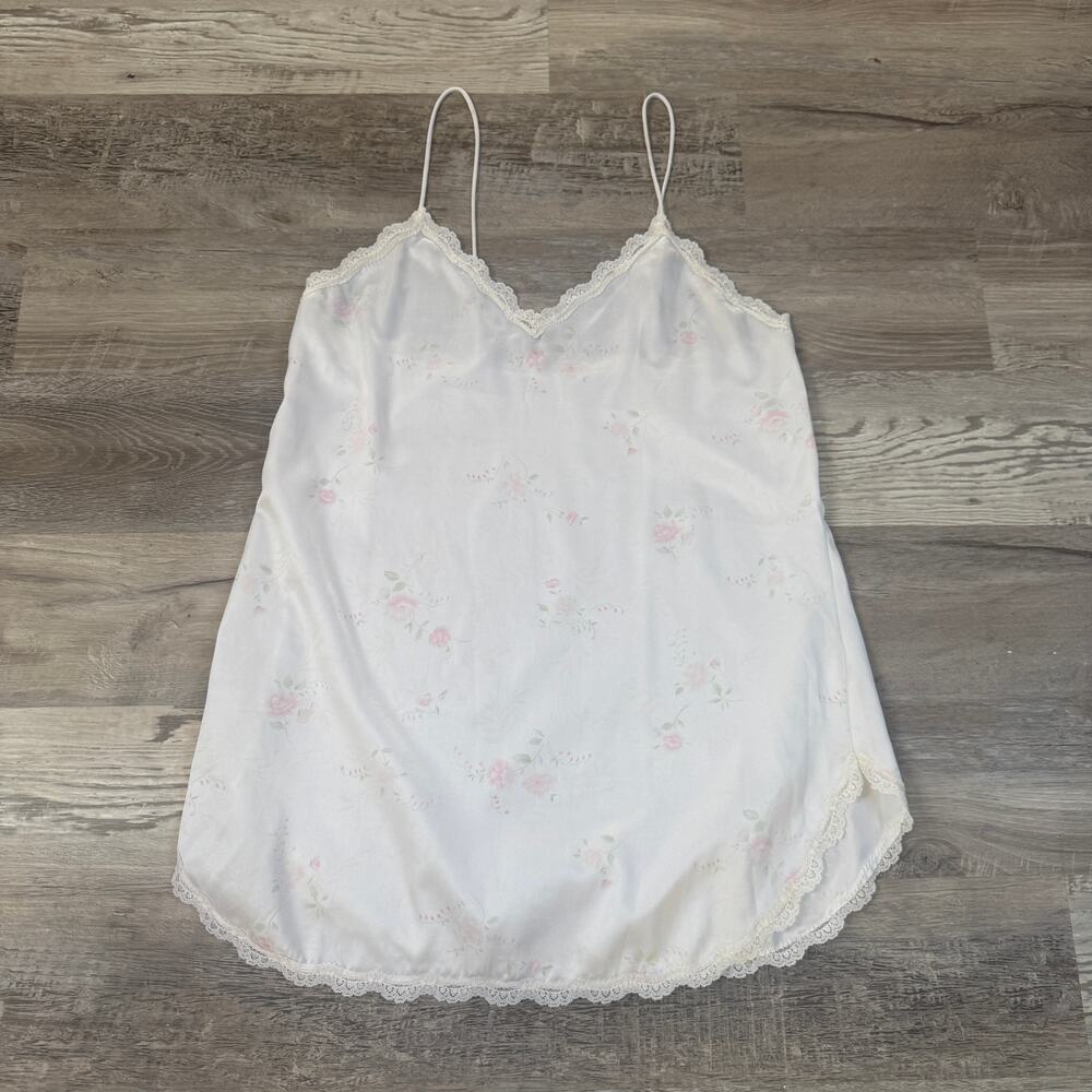 Vintage White Satin Floral Lace Trim Slip Dress Nightgown Coquette Cottagecore L - Picture 1 of 5